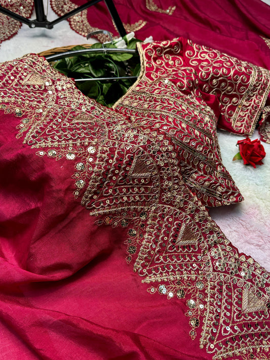 Heavy Hand-Embroidered Cherry-Red Pure Vichitra-Silk Saree in Fancy Cut-Work Border with Blouse