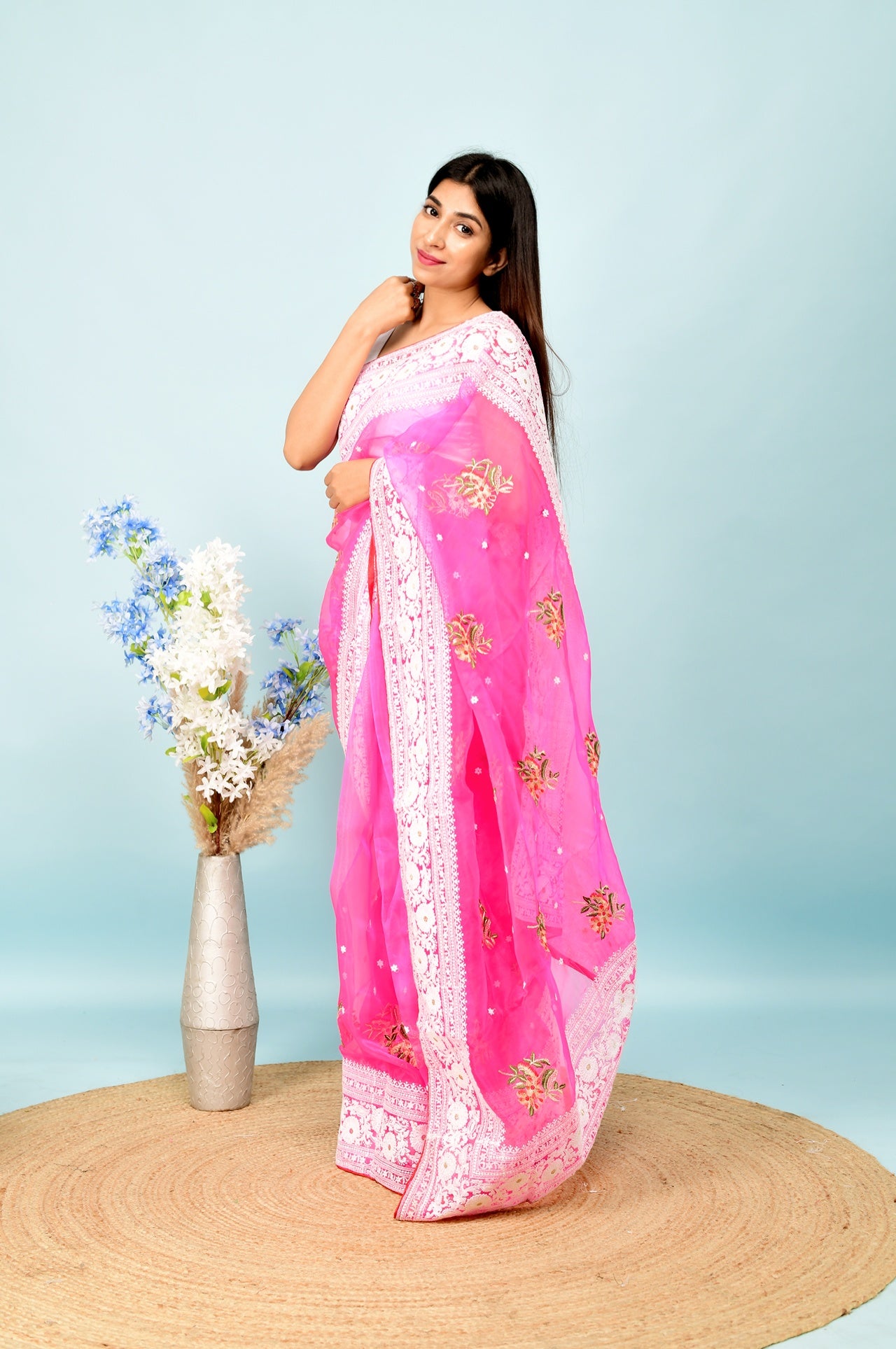 Hand-Embroidered Bright-Pink Organza-Silk Saree with Heavy Chikankari Border & Blouse