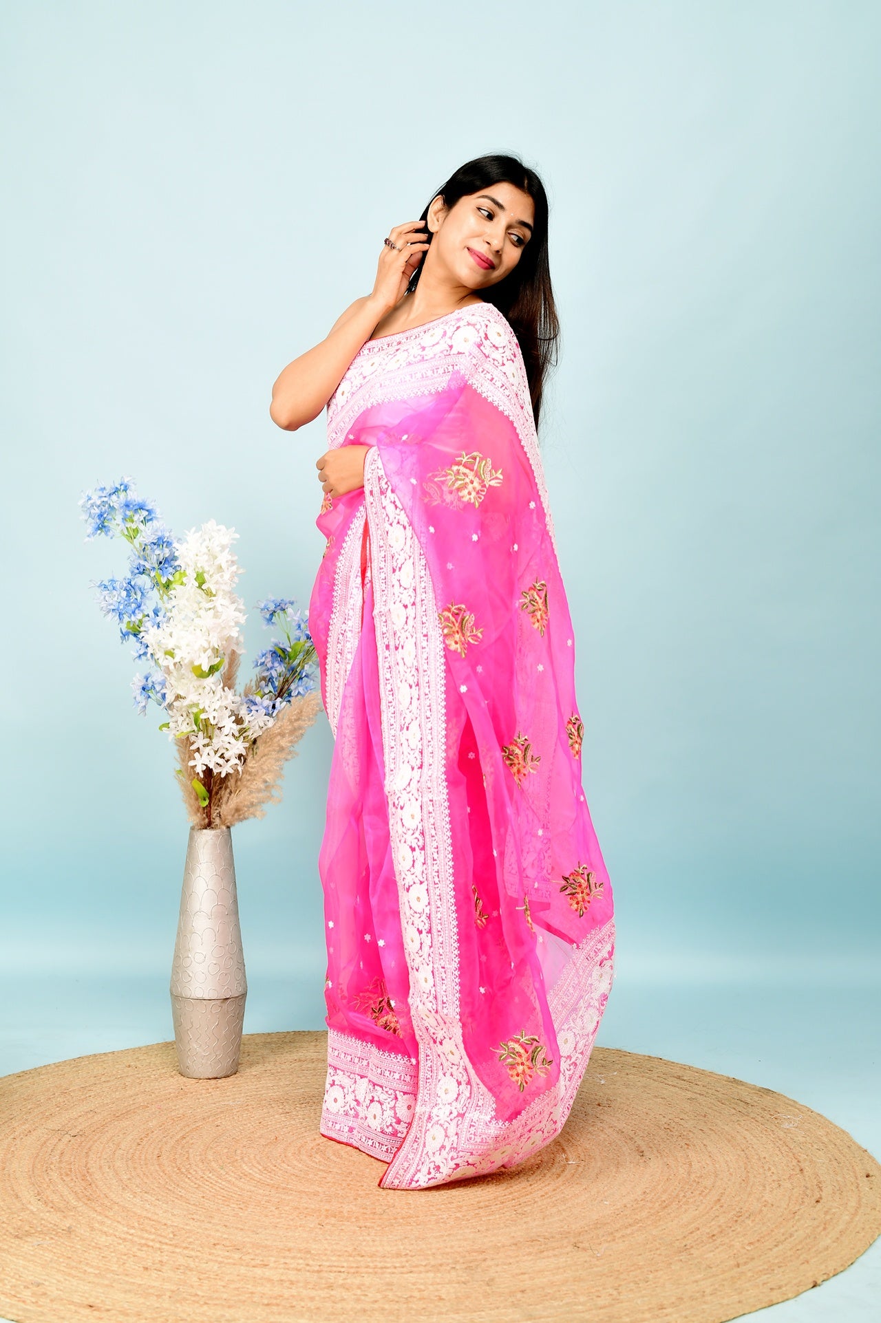 Hand-Embroidered Bright-Pink Organza-Silk Saree with Heavy Chikankari Border & Blouse