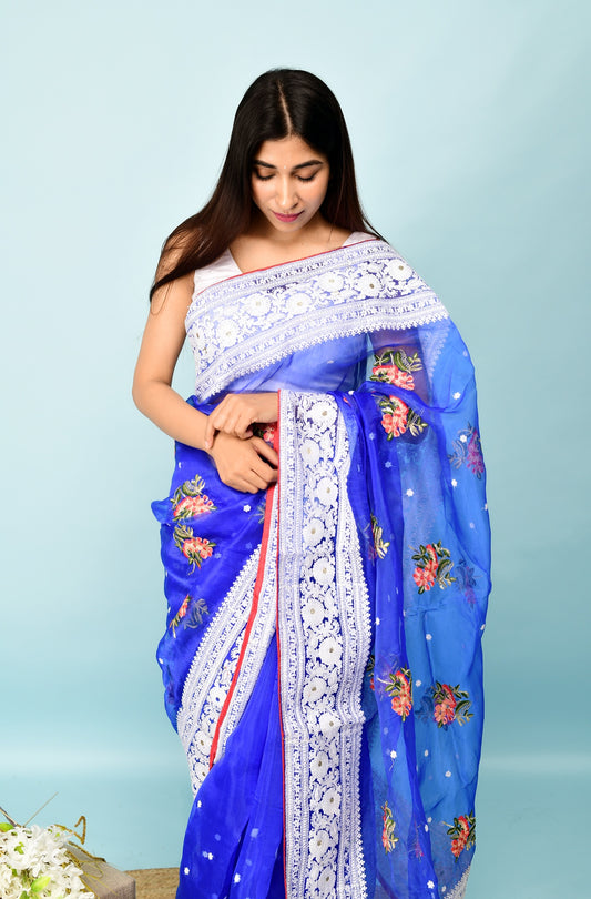 Hand-Embroidered Royal-Blue Organza-Silk Saree with Heavy Chikankari Border & Blouse