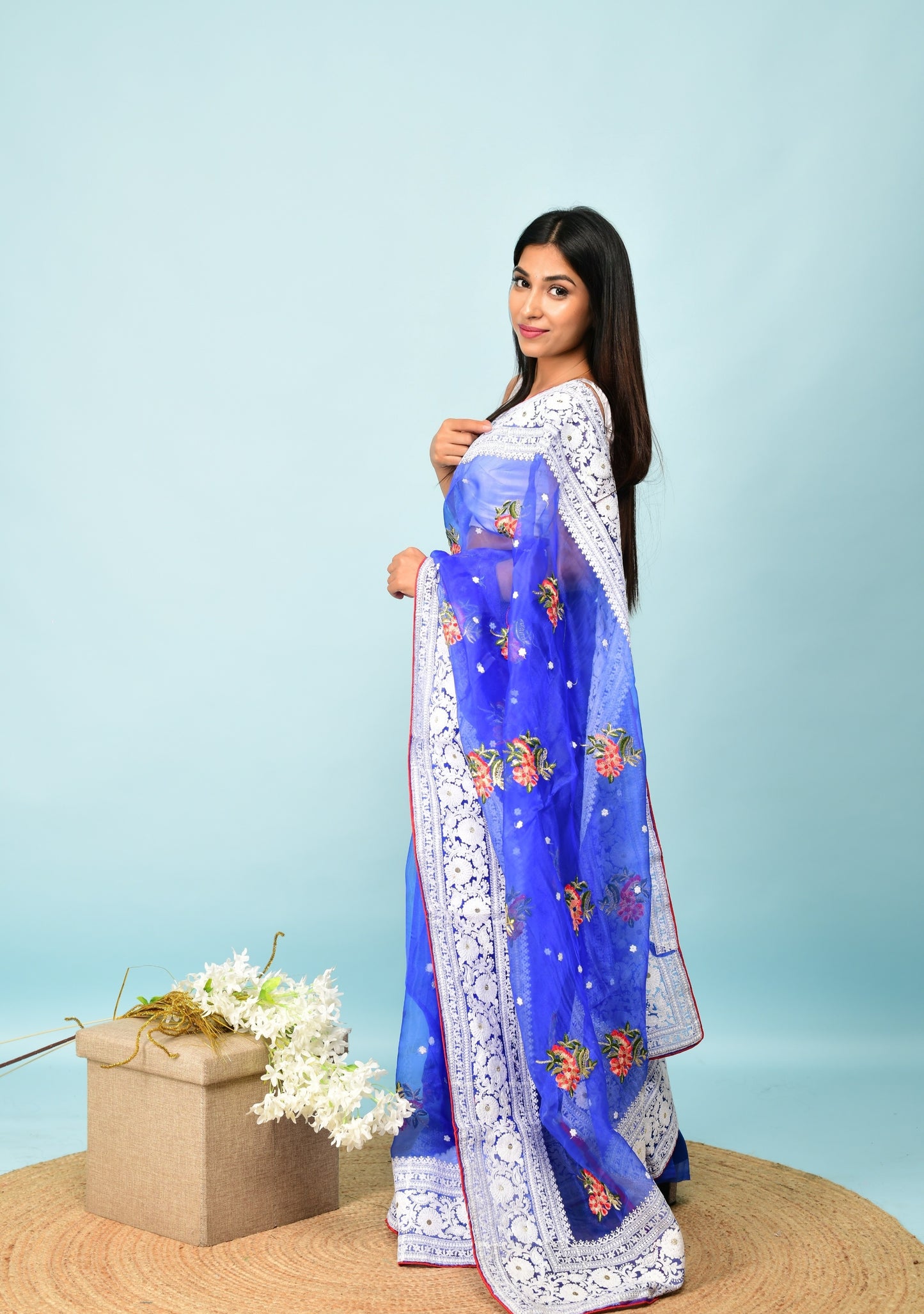 Hand-Embroidered Royal-Blue Organza-Silk Saree with Heavy Chikankari Border & Blouse