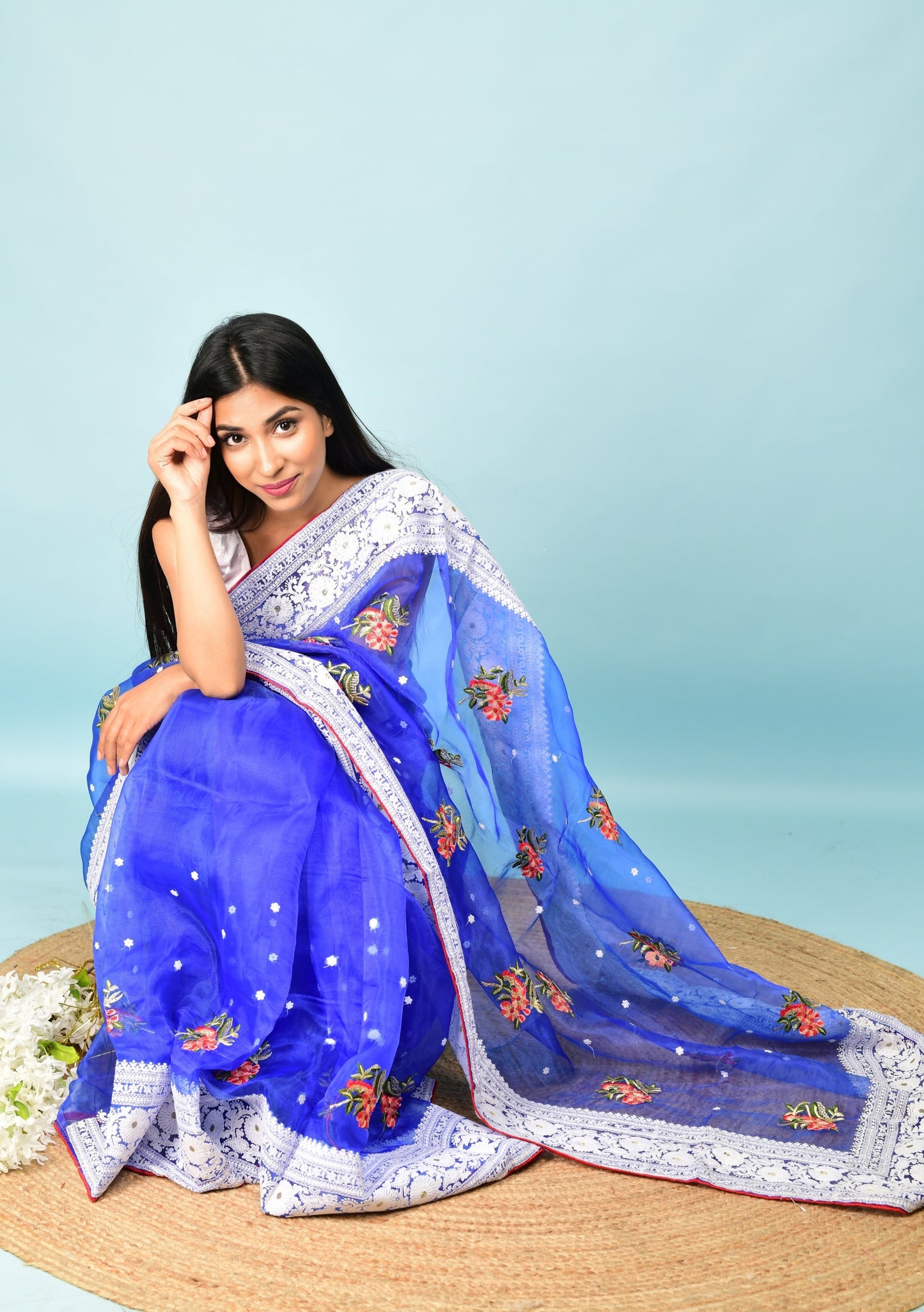 Hand-Embroidered Royal-Blue Organza-Silk Saree with Heavy Chikankari Border & Blouse