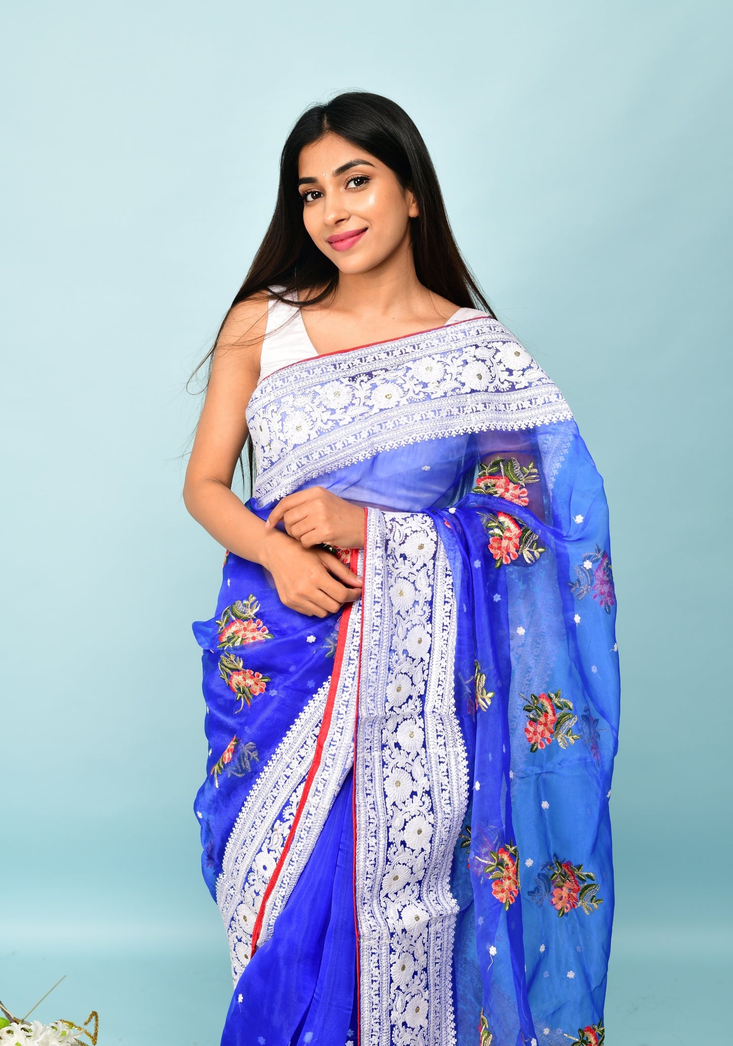 Hand-Embroidered Royal-Blue Organza-Silk Saree with Heavy Chikankari Border & Blouse