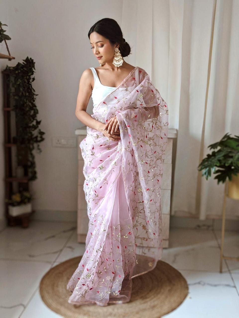 Heavy Hand Embroidered Baby-Pink Pure Organza-Silk saree paired with Satin Blouse