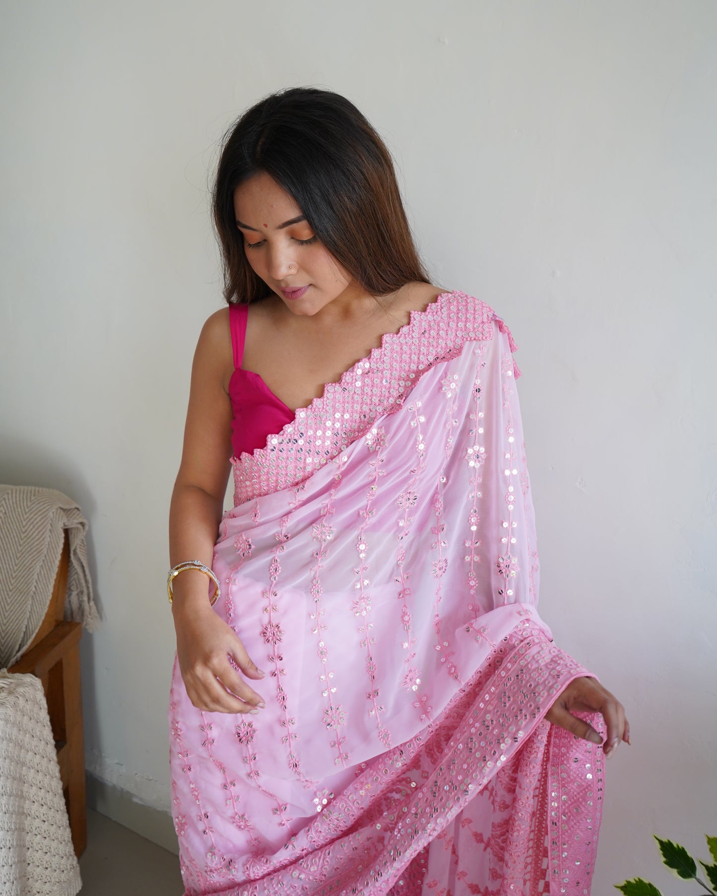 Hand Embroidered Soft-Pink Georgette Silk Saree with Chikankari and Sequins work paired with Satin Blouse