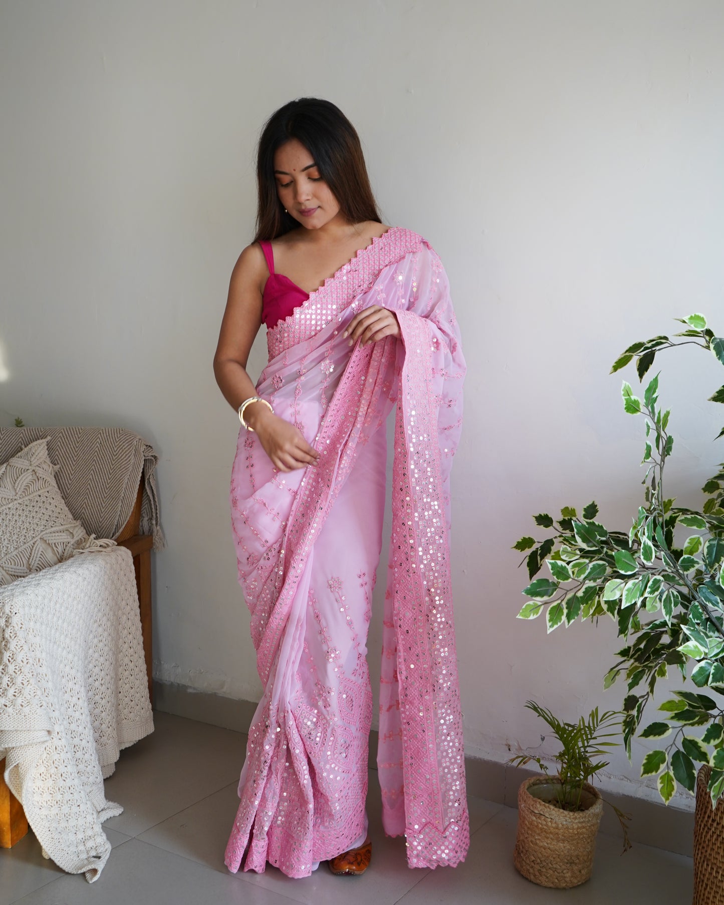 Hand Embroidered Soft-Pink Georgette Silk Saree with Chikankari and Sequins work paired with Satin Blouse