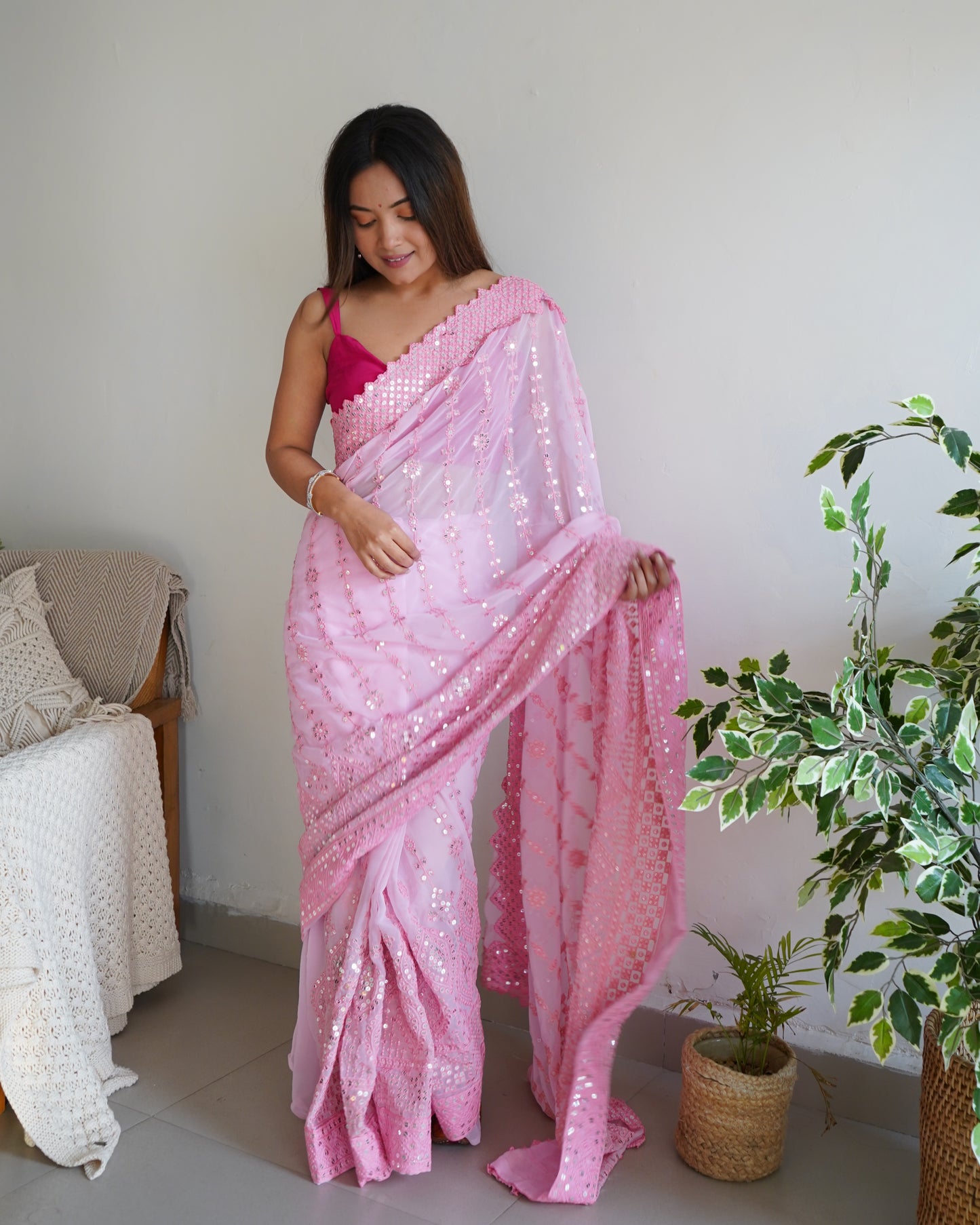 Hand Embroidered Soft-Pink Georgette Silk Saree with Chikankari and Sequins work paired with Satin Blouse