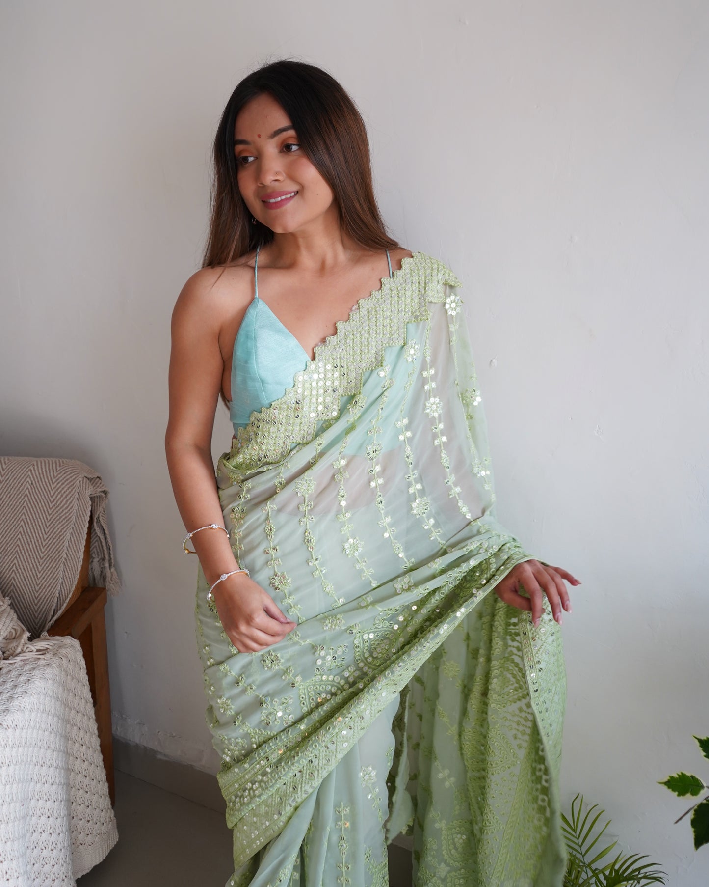 Hand Embroidered Fern-Green Georgette Silk Saree with Chikankari and Sequins work paired with Satin Blouse