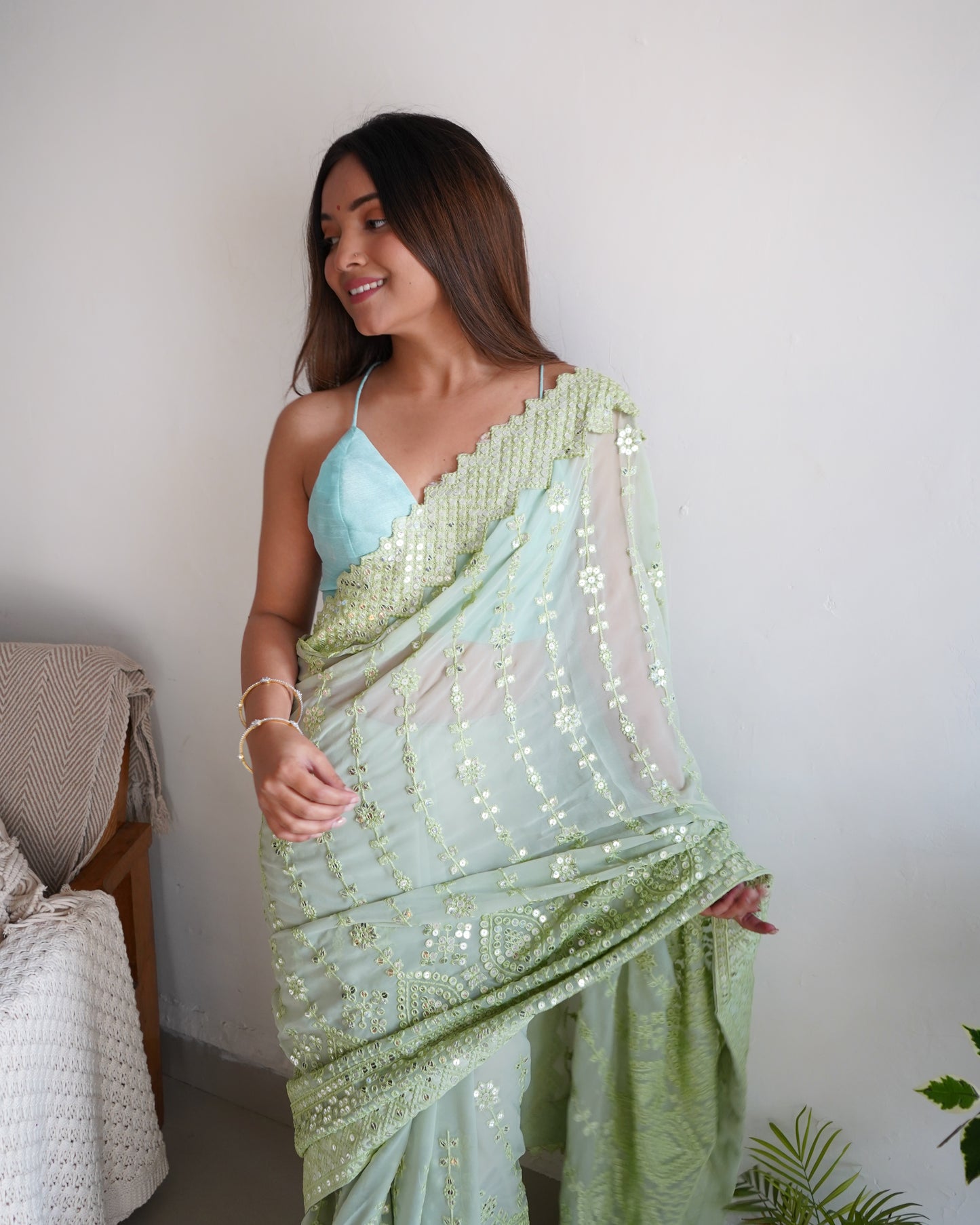 Hand Embroidered Fern-Green Georgette Silk Saree with Chikankari and Sequins work paired with Satin Blouse