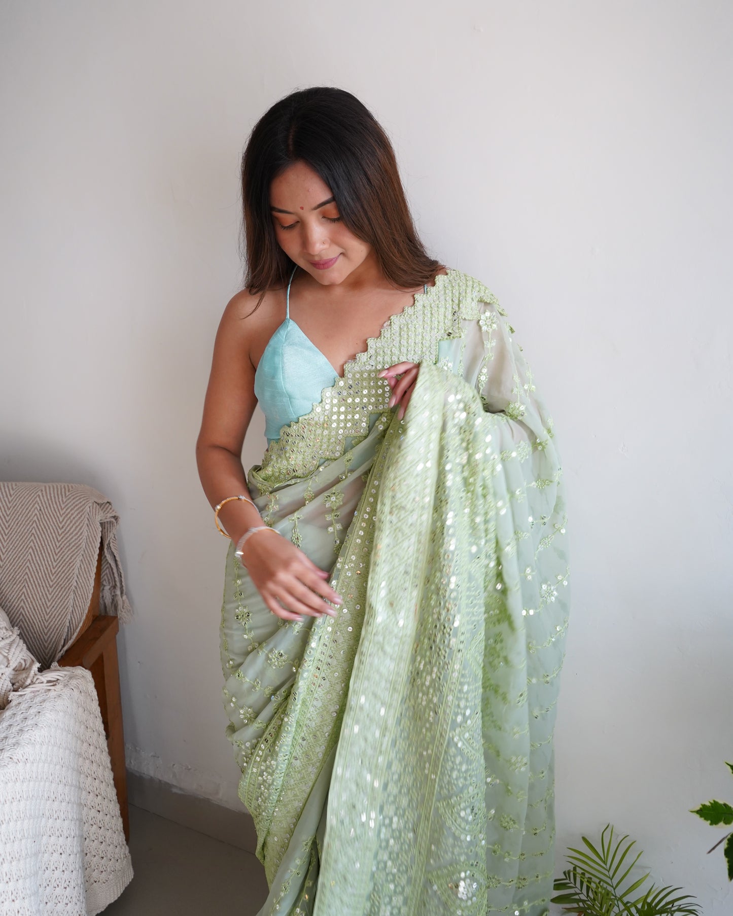 Hand Embroidered Fern-Green Georgette Silk Saree with Chikankari and Sequins work paired with Satin Blouse