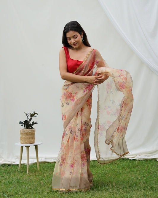 Pure Shimmer-Organza Beige Floral Printed saree with Stitched Blouse