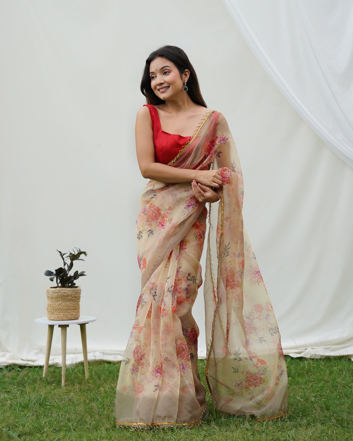 Pure Shimmer-Organza Beige Floral Printed saree with Stitched Blouse