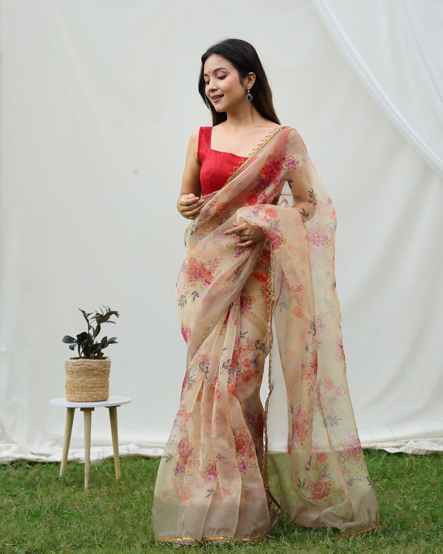 Pure Shimmer-Organza Beige Floral Printed saree with Stitched Blouse