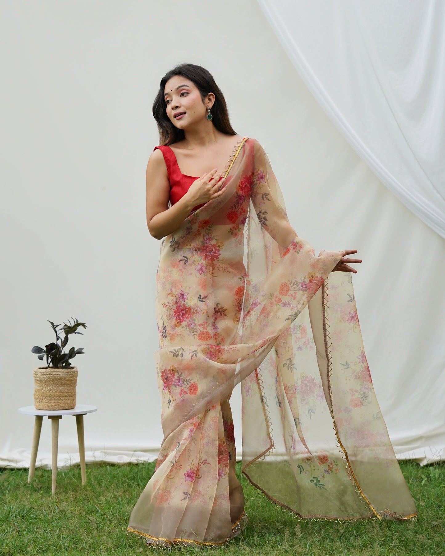 Pure Shimmer-Organza Beige Floral Printed saree with Stitched Blouse
