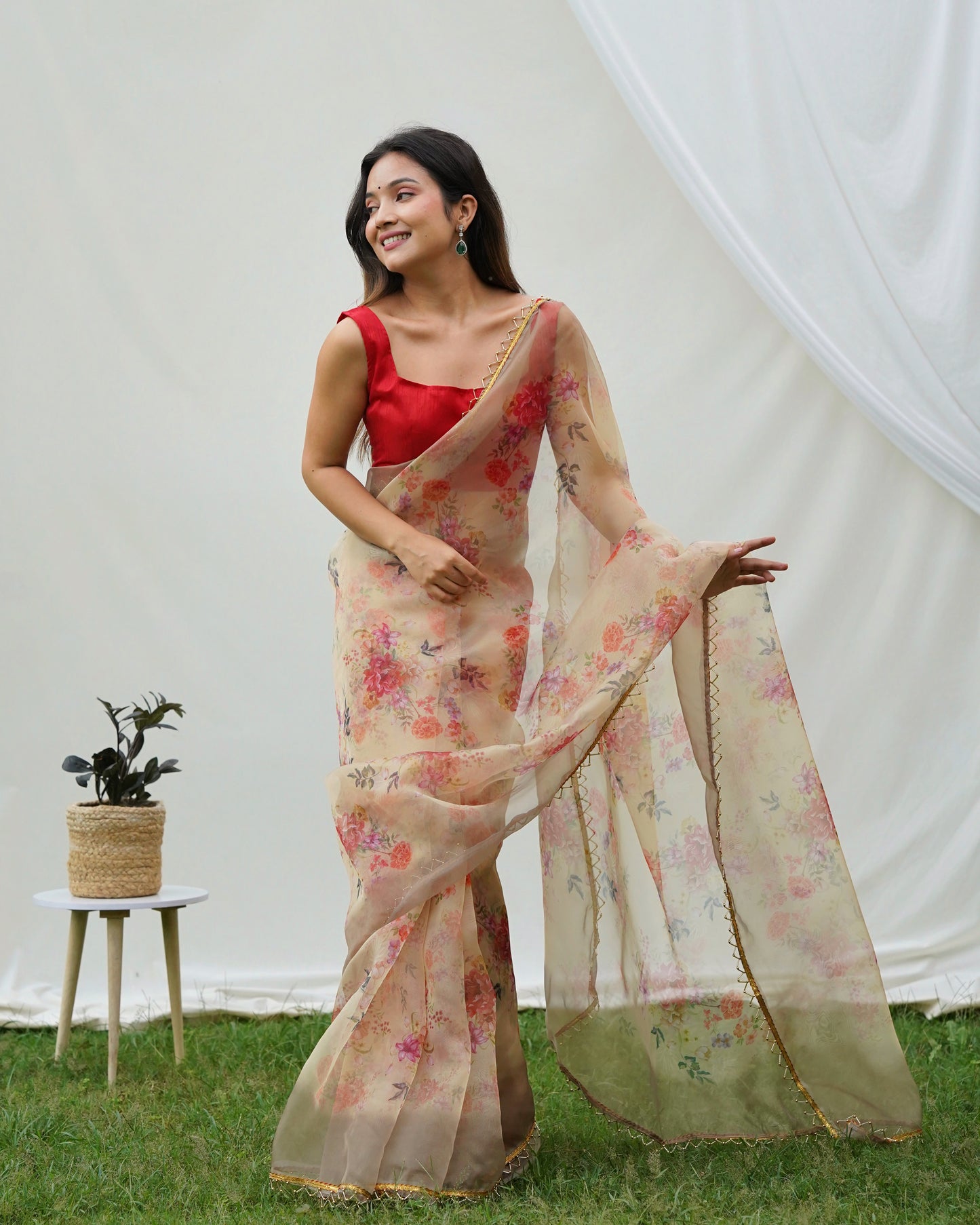 Pure Shimmer-Organza Beige Floral Printed saree with Stitched Blouse