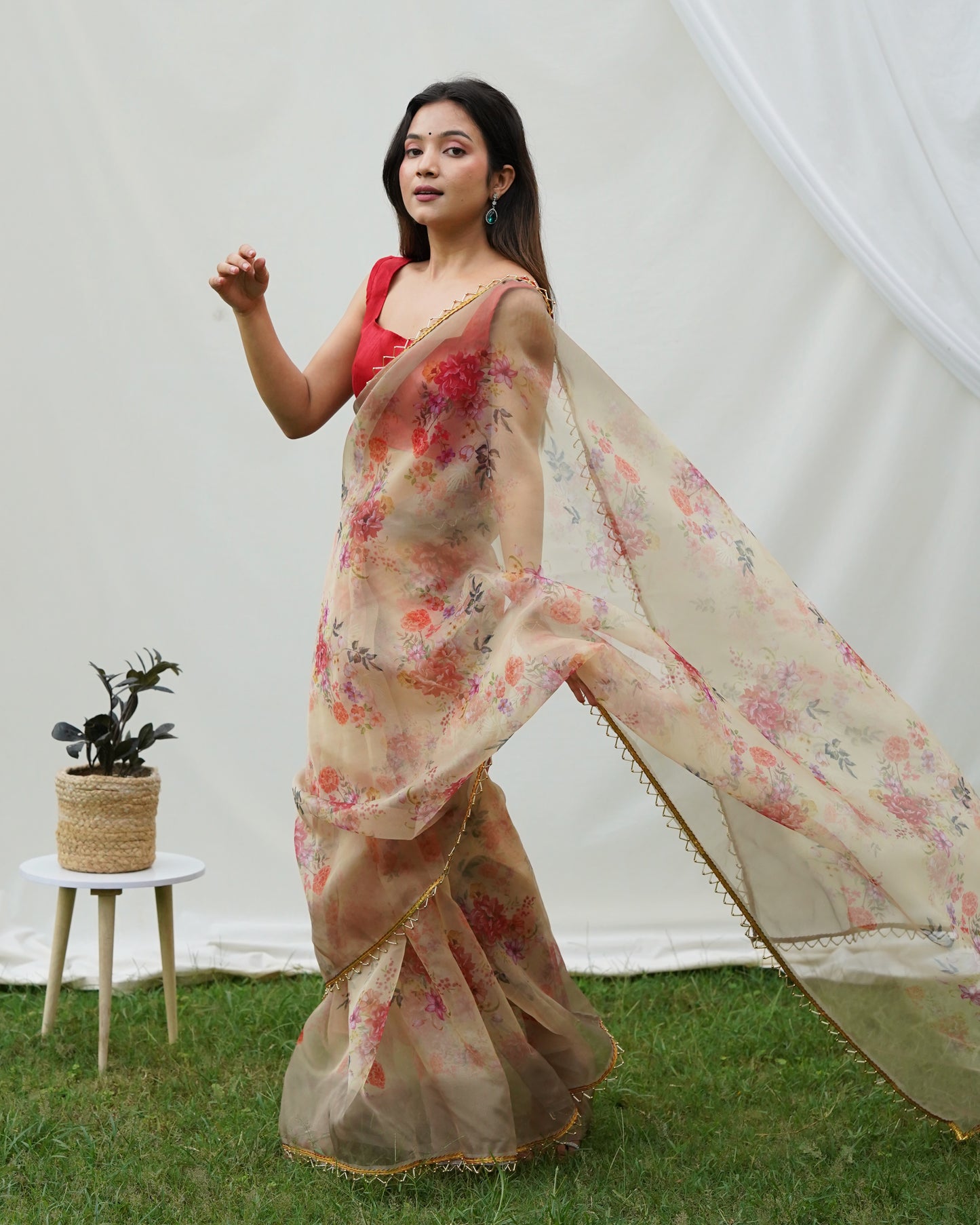 Pure Shimmer-Organza Beige Floral Printed saree with Stitched Blouse