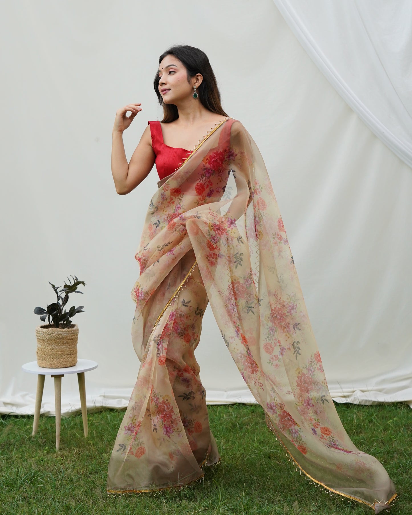 Pure Shimmer-Organza Beige Floral Printed saree with Stitched Blouse