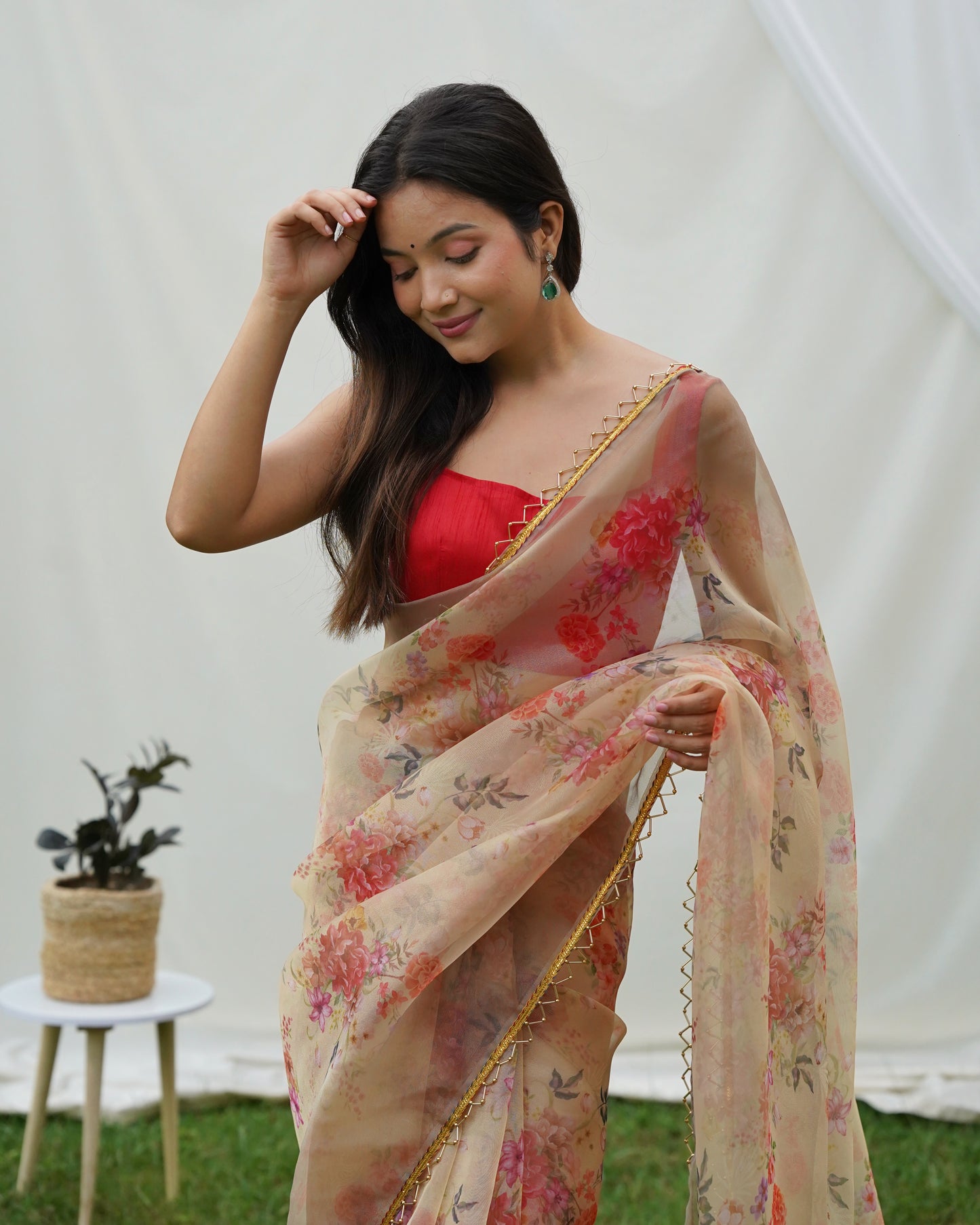 Pure Shimmer-Organza Beige Floral Printed saree with Stitched Blouse