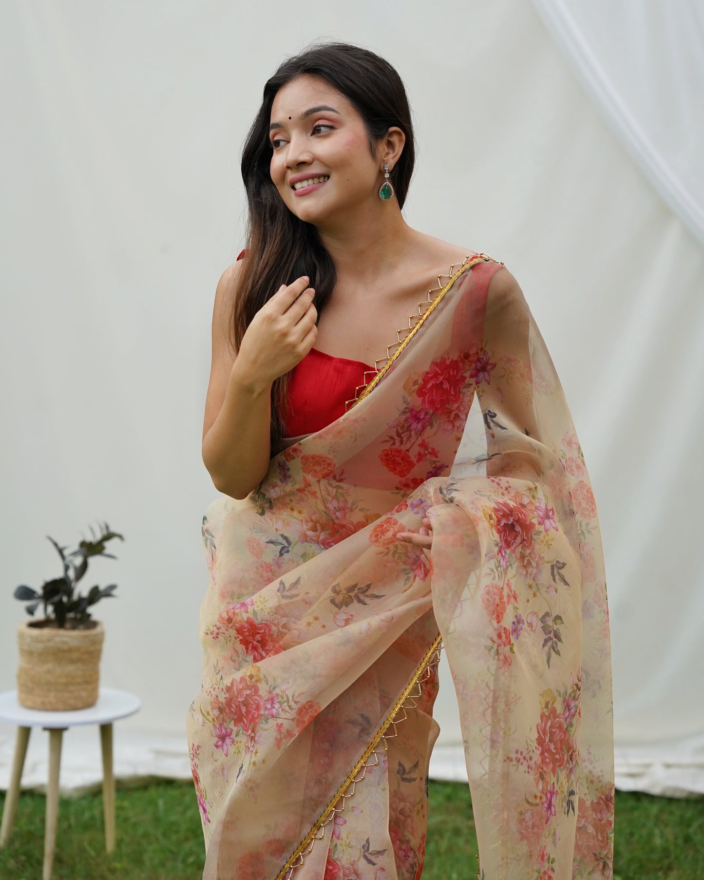 Pure Shimmer-Organza Beige Floral Printed saree with Stitched Blouse