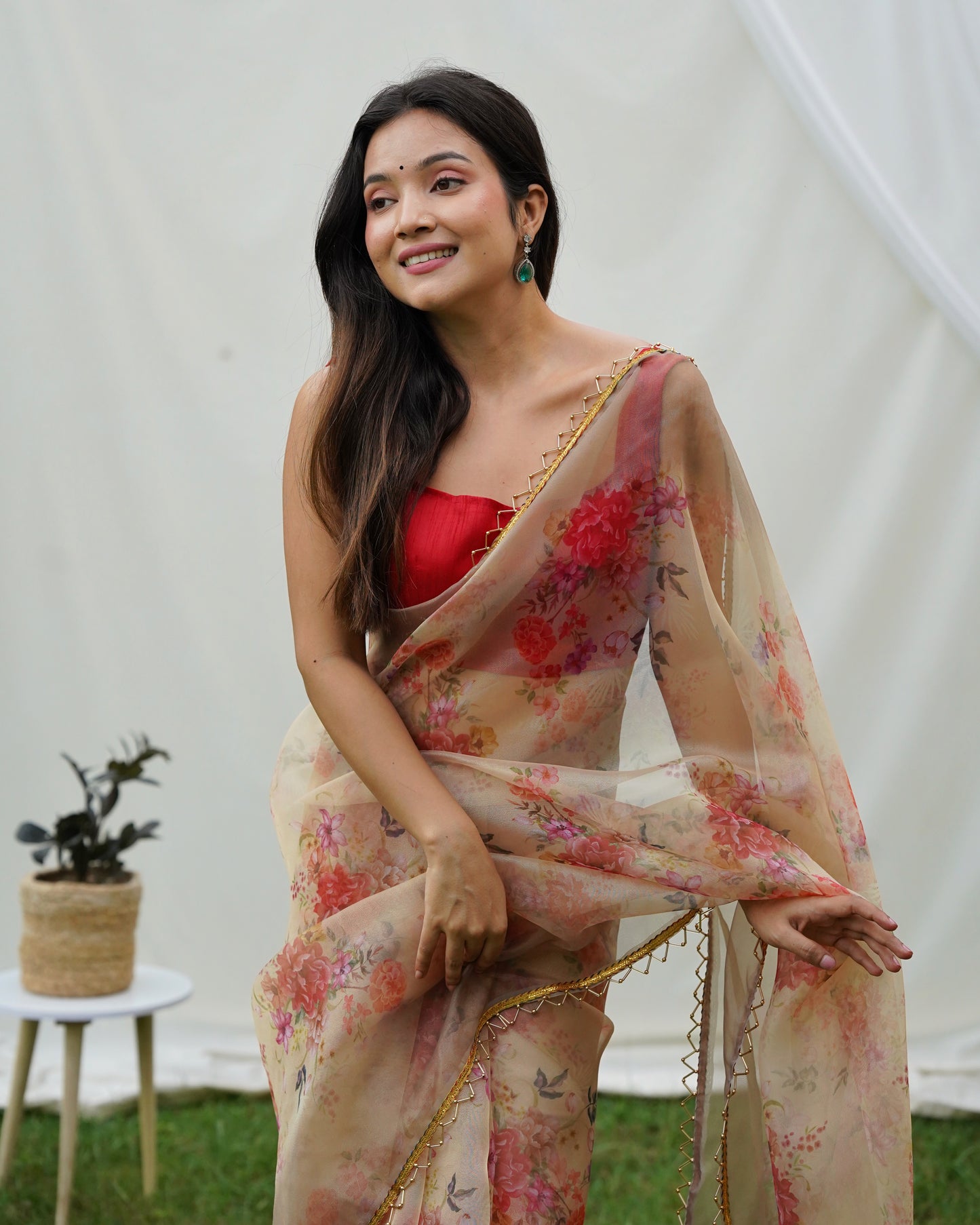 Pure Shimmer-Organza Beige Floral Printed saree with Stitched Blouse