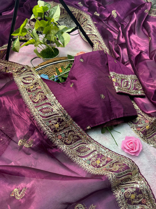 Heavy Hand-Embroidered Magenta-Pink Soft Jimmy-Choo Saree in Fancy Cut-Work Border with Blouse