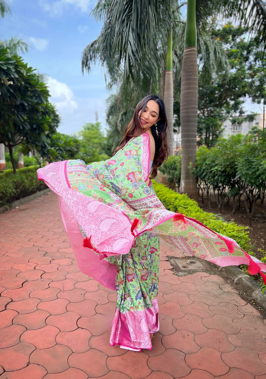 Light-Green Pure Tussar-Dola Silk saree with Rose-Pink contrast Zari Border and Tassels paired with Contrast Blouse