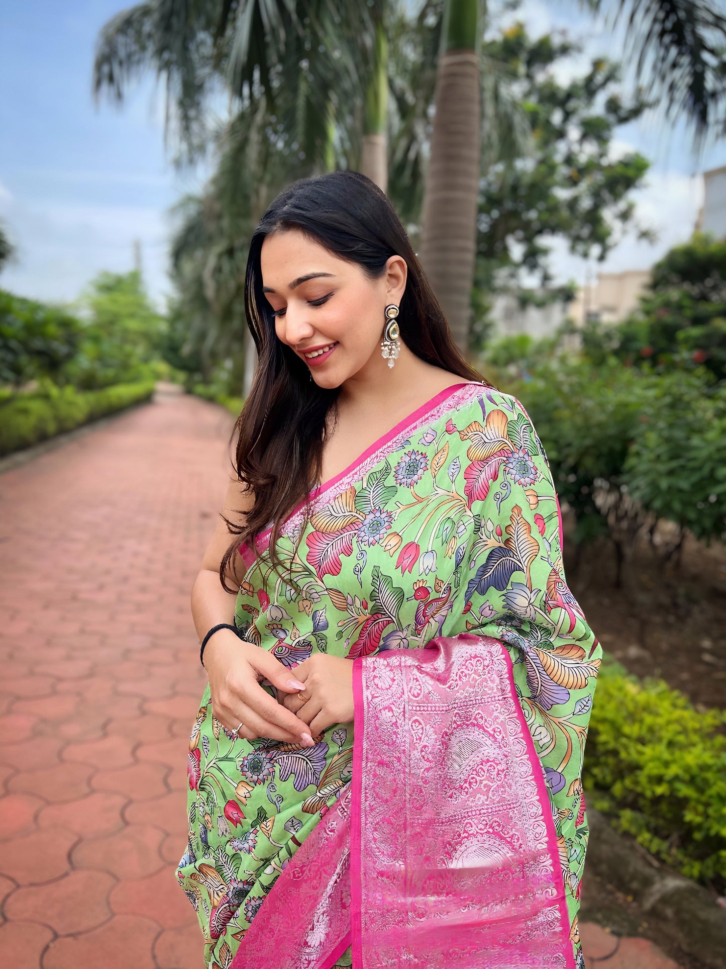 Light-Green Pure Tussar-Dola Silk saree with Rose-Pink contrast Zari Border and Tassels paired with Contrast Blouse
