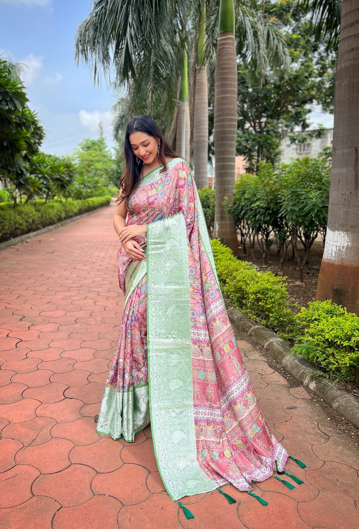 Pastel-Pink Pure Tussar-Dola Silk saree with Pista-Green contrast Zari Border and Tassels paired with Contrast Blouse