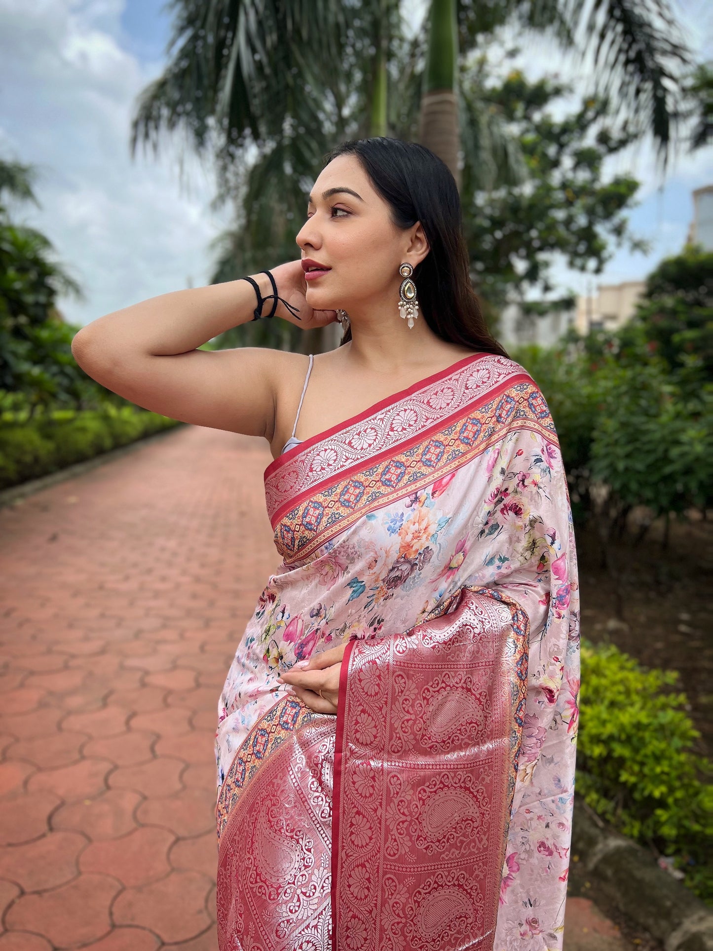 Soft-Peach Pure Tussar-Dola Silk saree with Ruby-Red contrast Zari Border and Tassels paired with Contrast Blouse