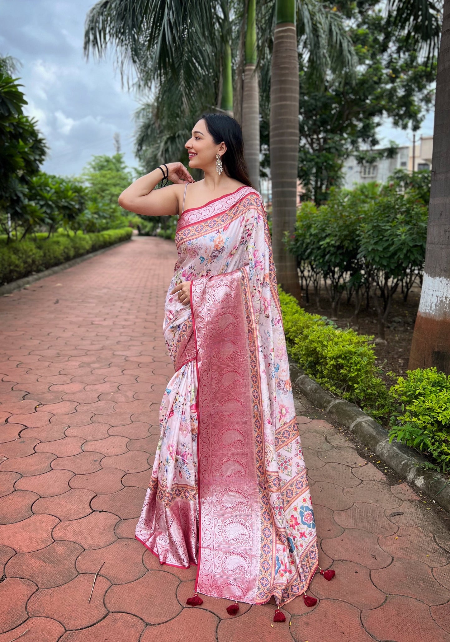 Soft-Peach Pure Tussar-Dola Silk saree with Ruby-Red contrast Zari Border and Tassels paired with Contrast Blouse