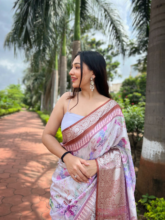 Off-White Pure Tussar-Dola Silk saree with Brown contrast Zari Border and Tassels paired with Contrast Blouse