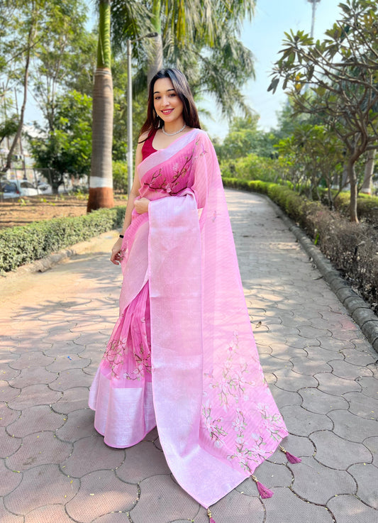 Hand-Woven Soft-Peach Pure Organza Silk Saree featuring a Pure Zari Border, Hand-Painted Designs above the Border, and Delicate Pearl Tassels with Blouse