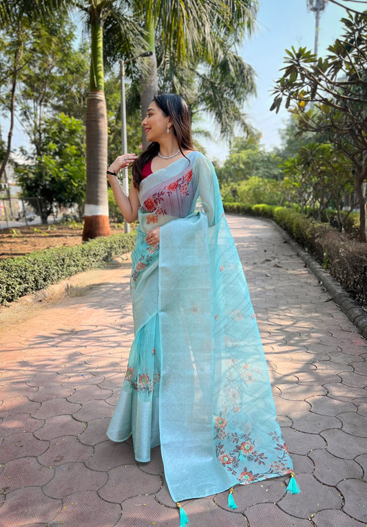 Hand-Woven Sea-Green Pure Organza Silk Saree featuring a Pure Zari Border, Hand-Painted Designs above the Border, and Delicate Pearl Tassels with Blouse