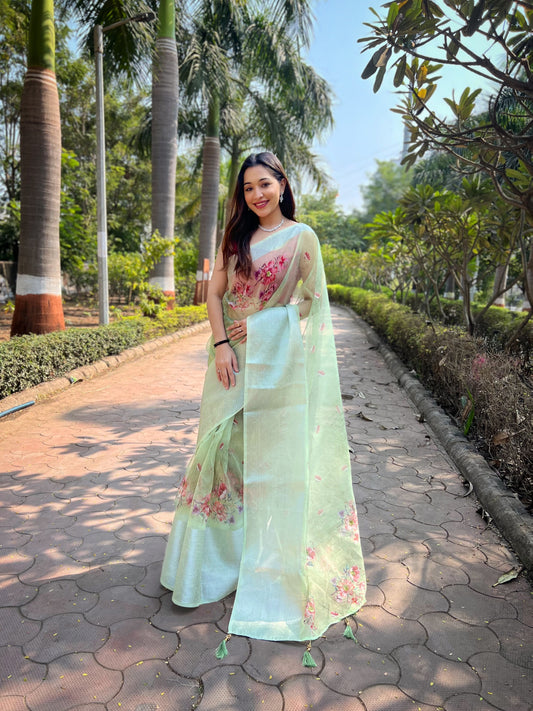 Hand-Woven Pista-Green Pure Organza Silk Saree featuring a Pure Zari Border, Hand-Painted Designs above the Border, and Delicate Pearl Tassels with Blouse