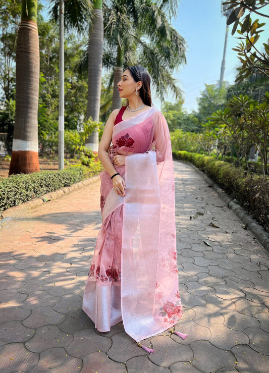 Hand-Woven Baby-Pink Pure Organza Silk Saree featuring a Pure Zari Border, Hand-Painted Designs above the Border, and Delicate Pearl Tassels with Blouse