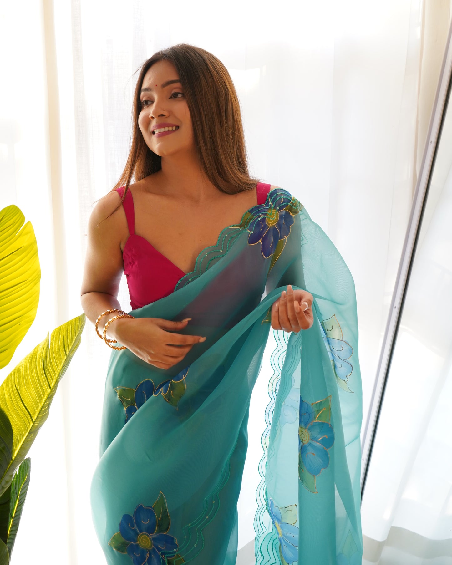 Sky-Blue Pure Organza Cut-Work saree paired with Satin Blouse