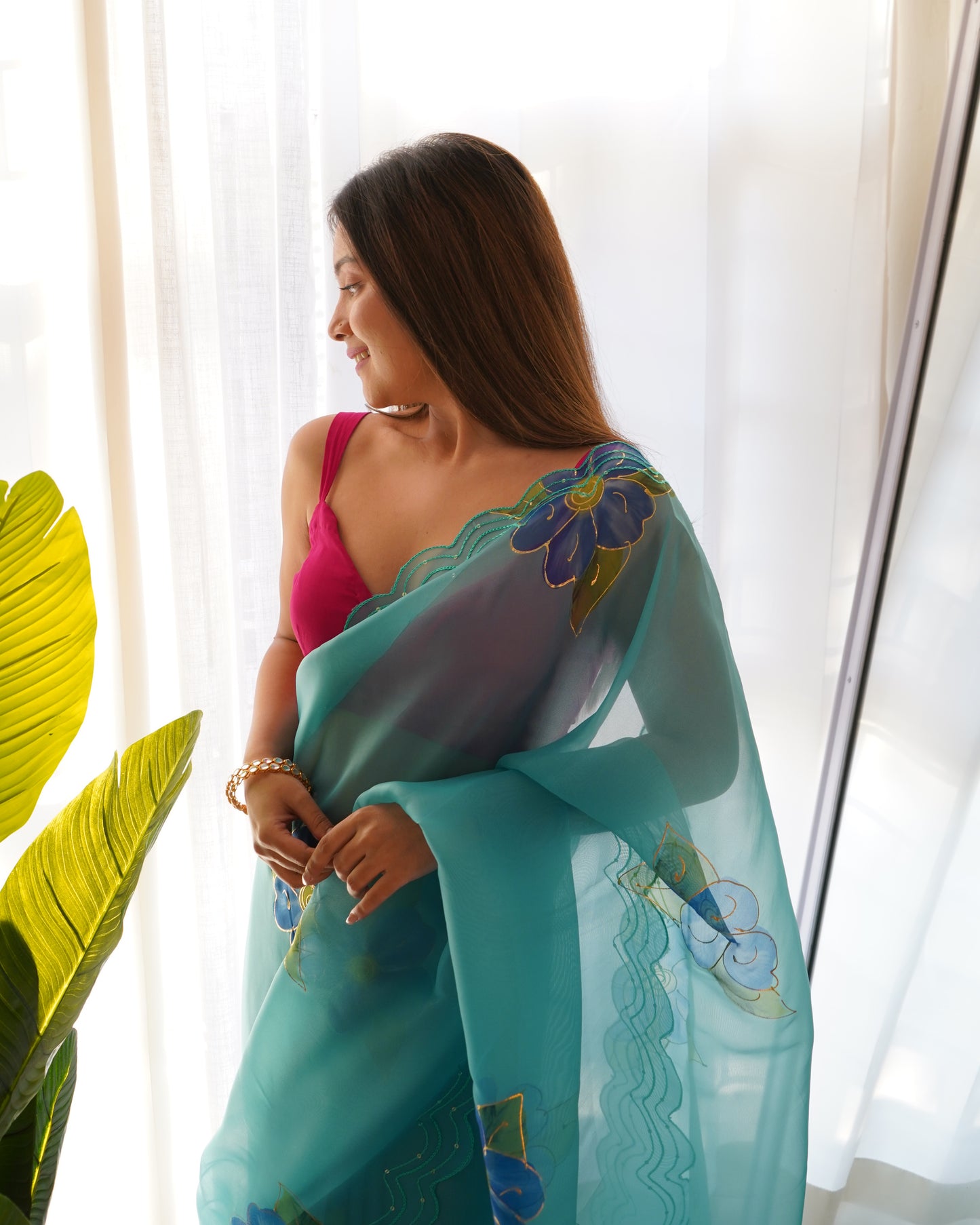 Sky-Blue Pure Organza Cut-Work saree paired with Satin Blouse