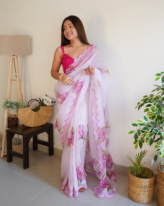 Off-White Pure Organza Cut-Work saree paired with Satin Blouse