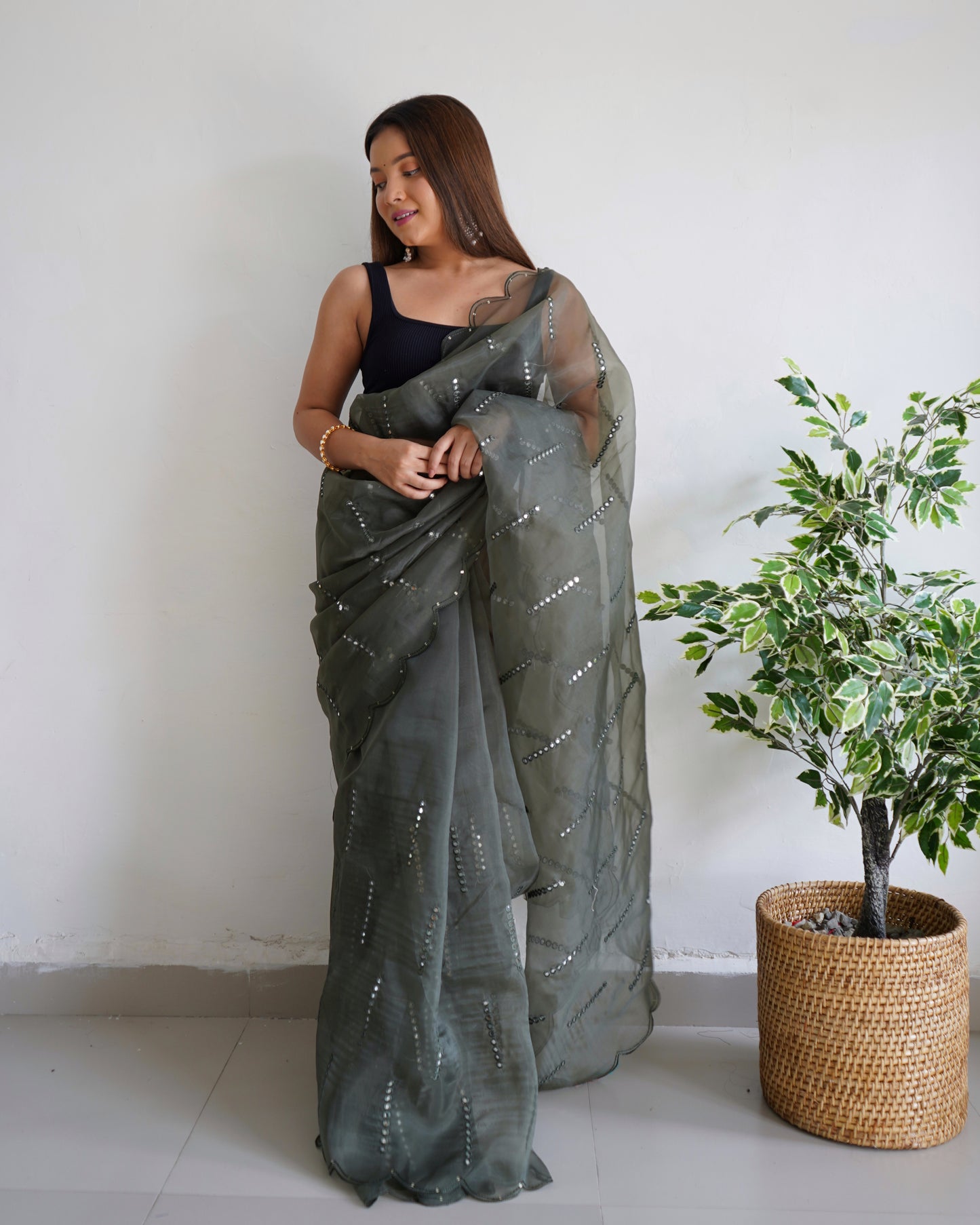 Hand-Embroidered Grey Pure Organza Saree with Blouse
