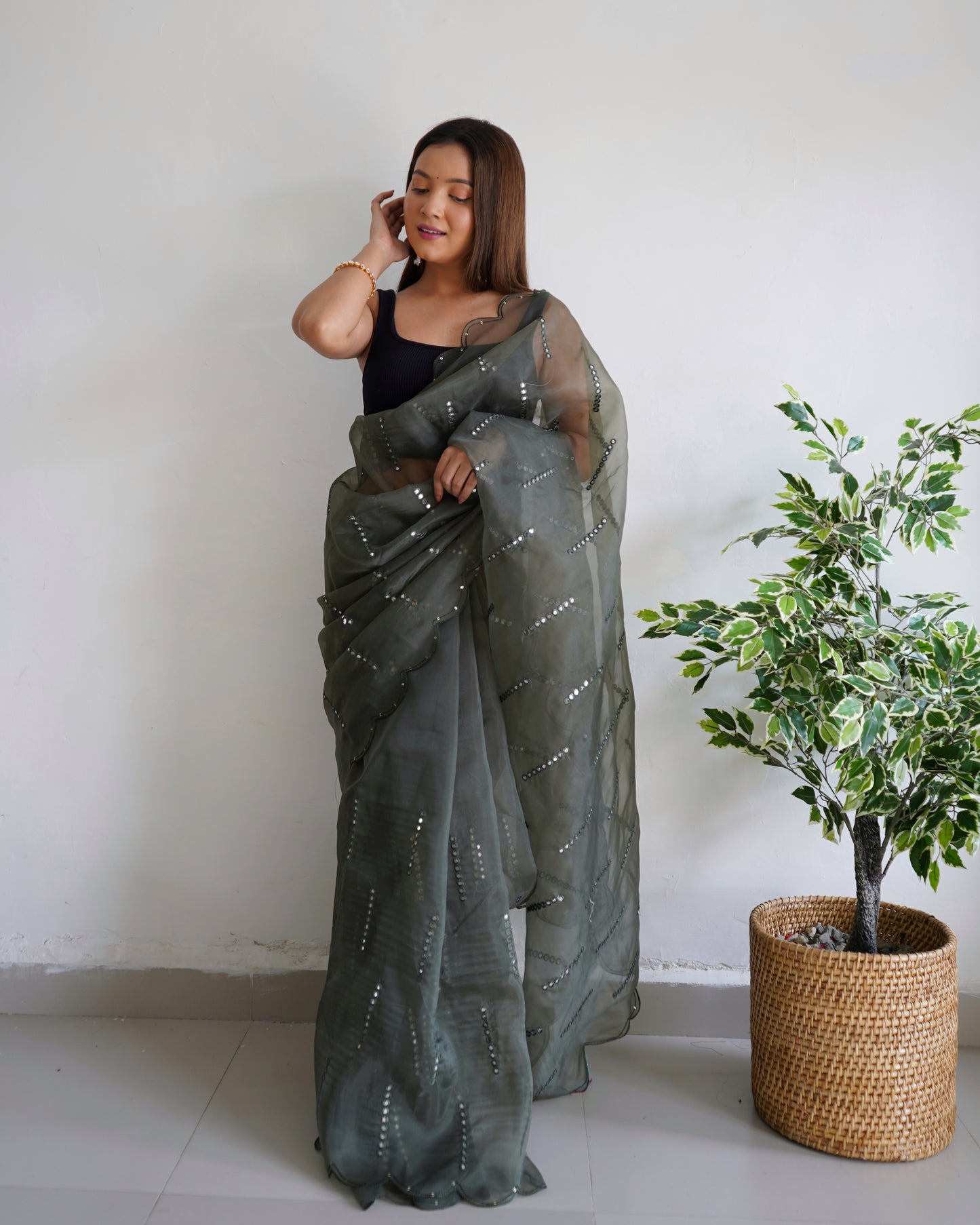 Hand-Embroidered Grey Pure Organza Saree with Blouse