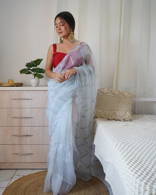 Hand-Embroidered Powder-Blue Pure Organza Saree with Blouse