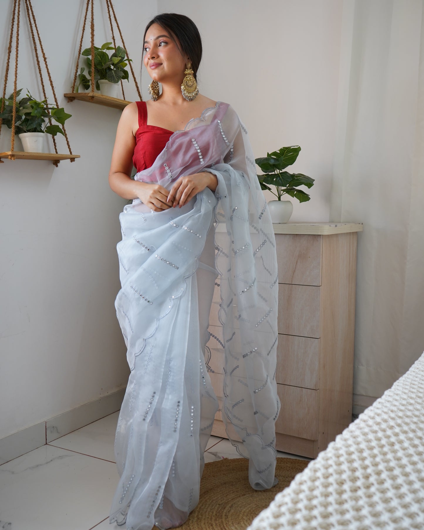 Hand-Embroidered Powder-Blue Pure Organza Saree with Blouse