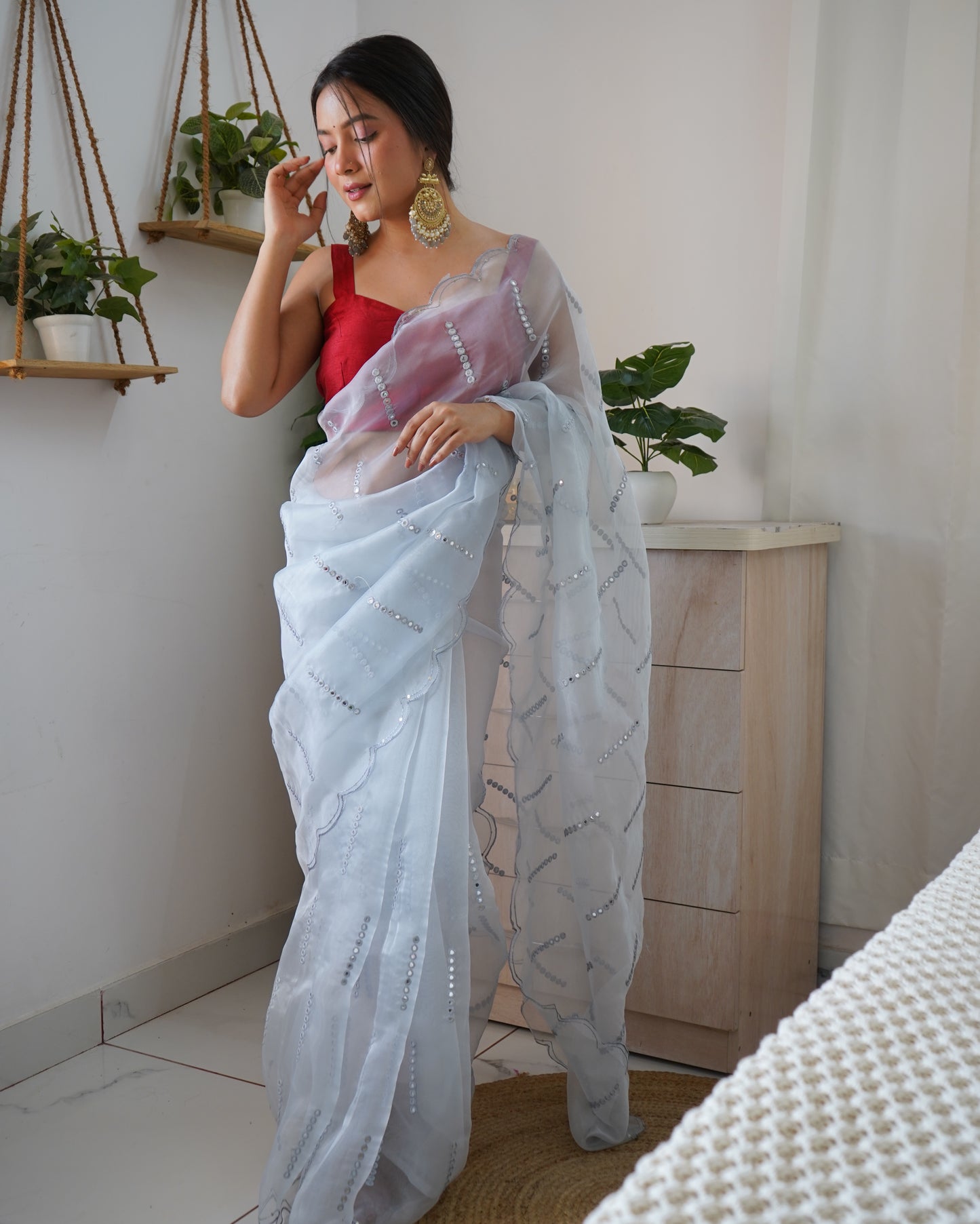 Hand-Embroidered Powder-Blue Pure Organza Saree with Blouse