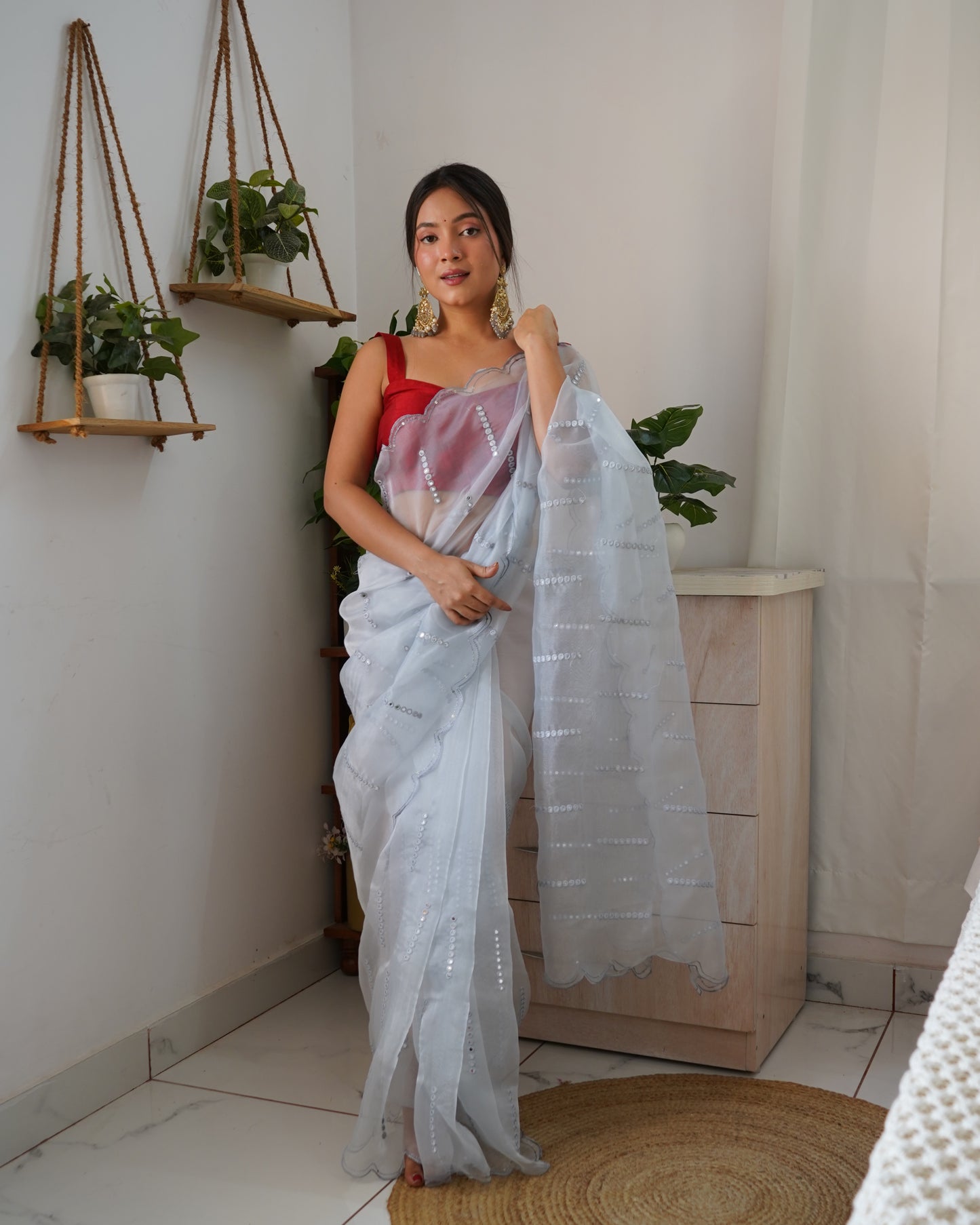 Hand-Embroidered Powder-Blue Pure Organza Saree with Blouse