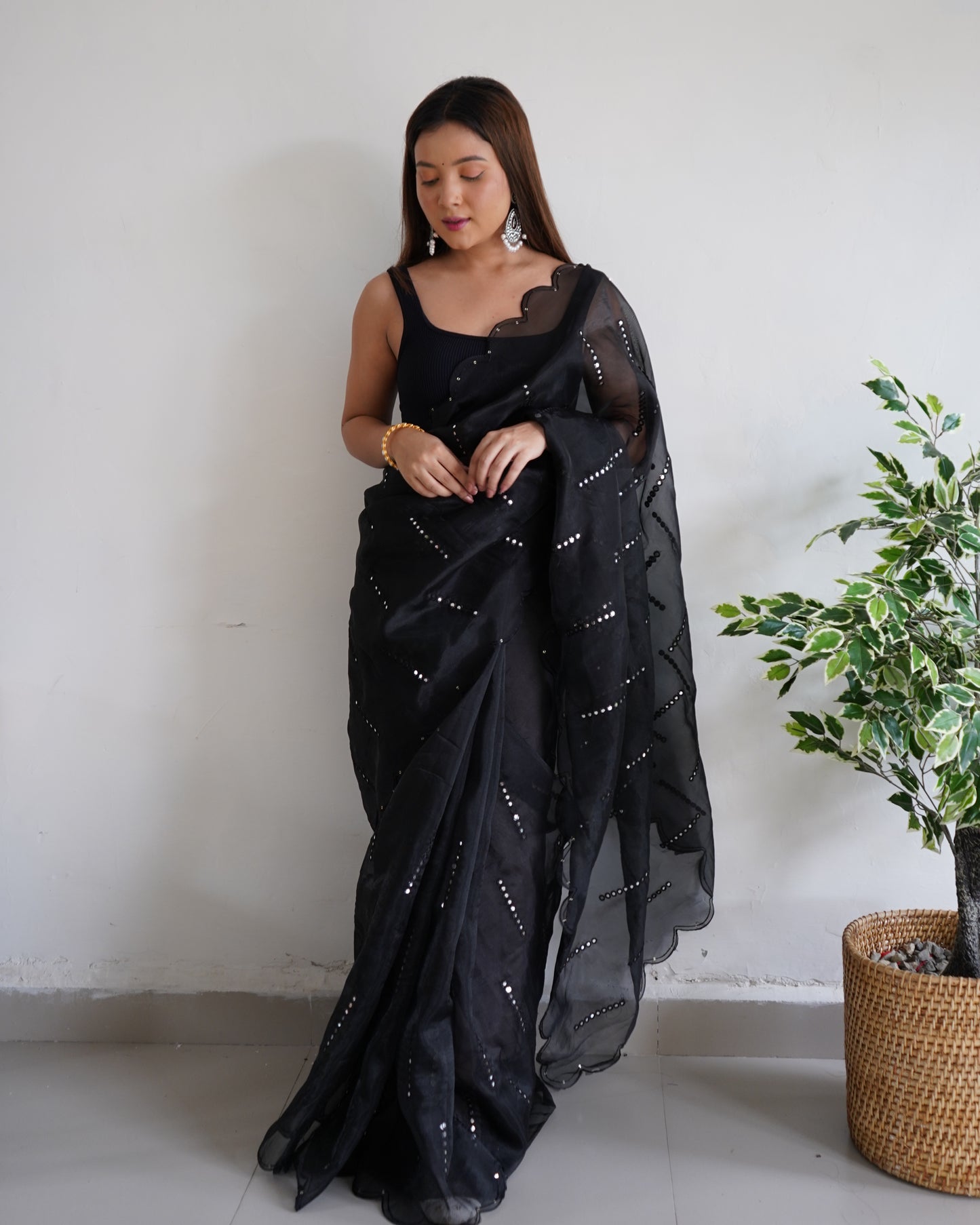 Hand-Embroidered Elegant-Black Pure Organza Saree with Blouse
