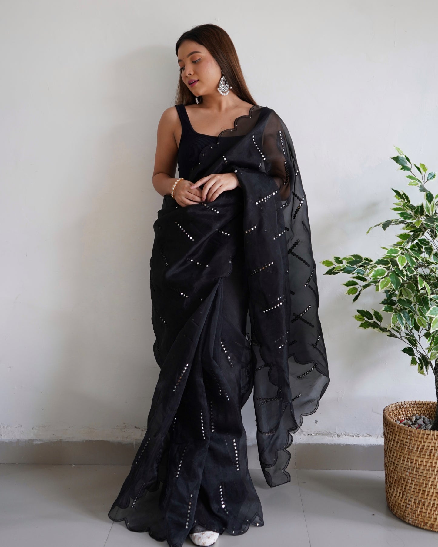 Hand-Embroidered Elegant-Black Pure Organza Saree with Blouse