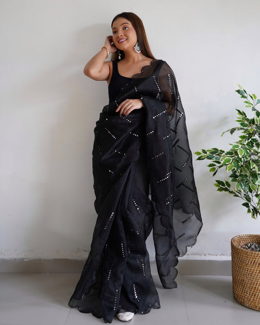 Hand-Embroidered Elegant-Black Pure Organza Saree with Blouse