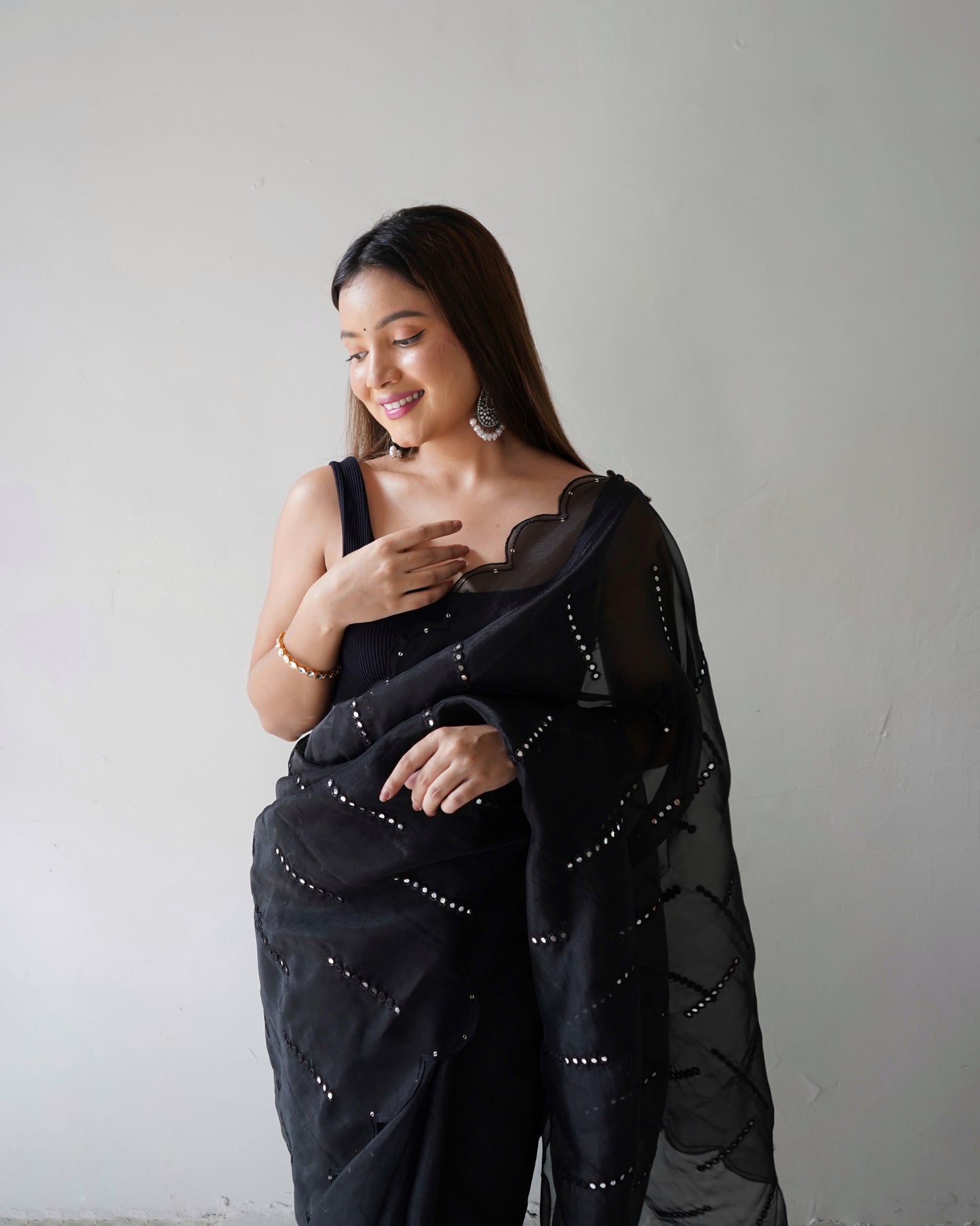 Hand-Embroidered Elegant-Black Pure Organza Saree with Blouse