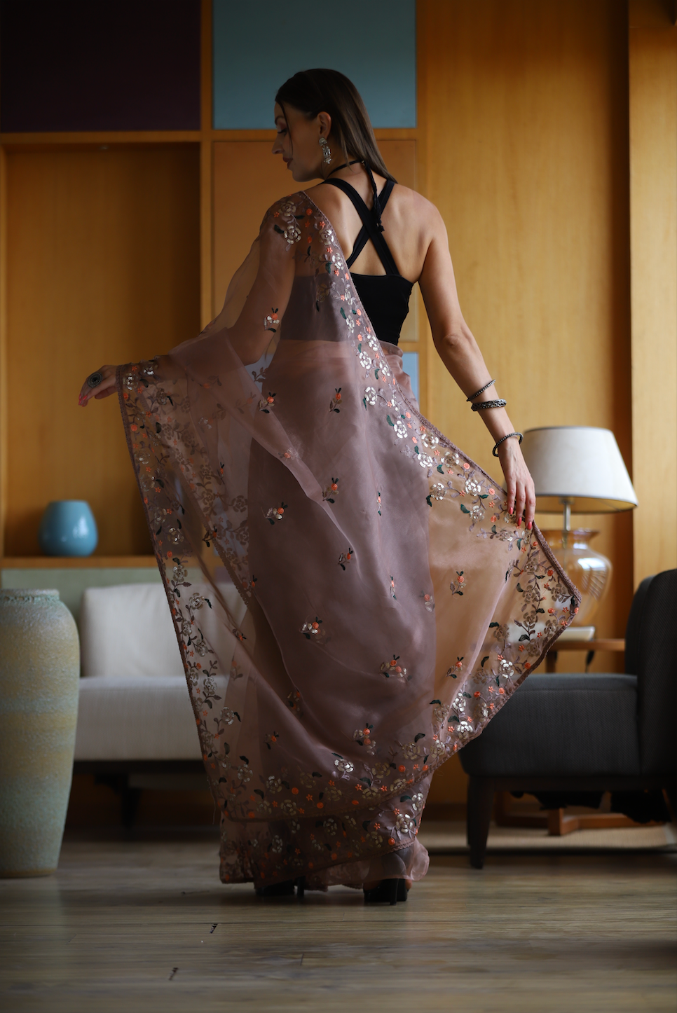 Hand-Embroidered Soft-Brown Pure Organza-Silk Saree with Blouse