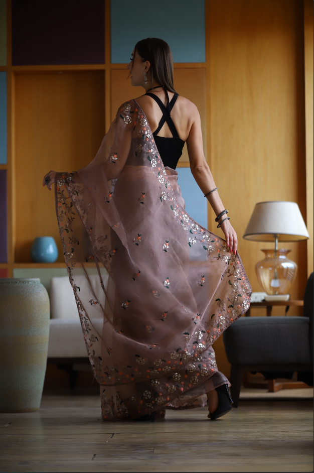 Hand-Embroidered Soft-Brown Pure Organza-Silk Saree with Blouse